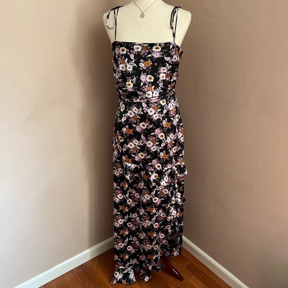 WAYF Floral Maxi Slip Dress Ruched Ruffle Hem Cottagecore Wedding Dress Size M